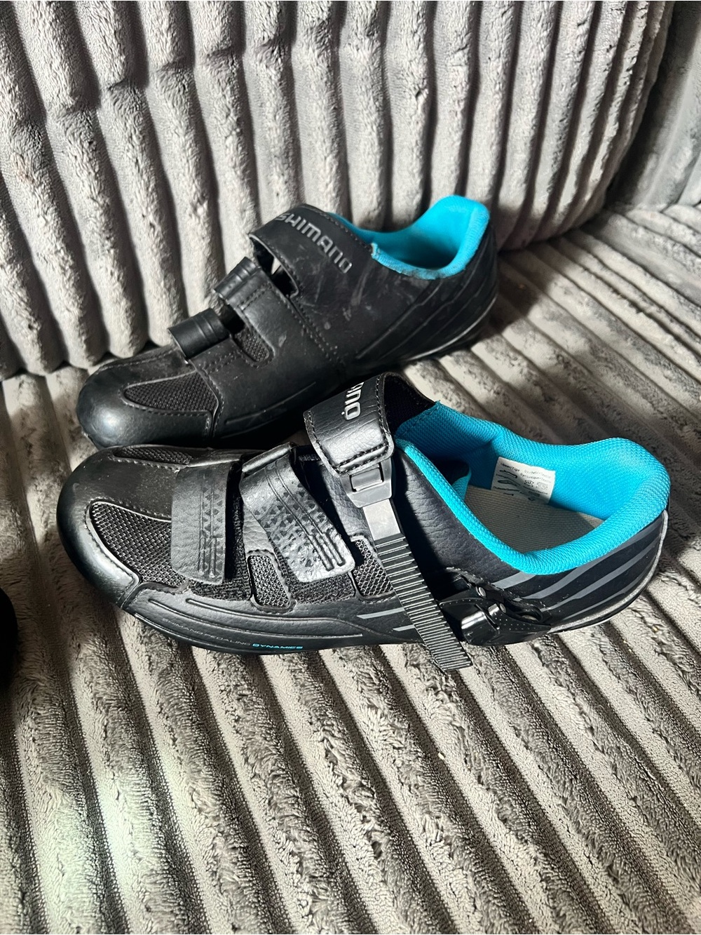 Shimano Black Cycling Shoes with Bright Blue Lining and Ratchet Strap